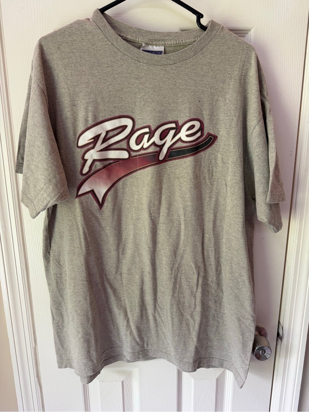Fruit of the Loom Gray Tee with Maroon 'Rage' Graphic
